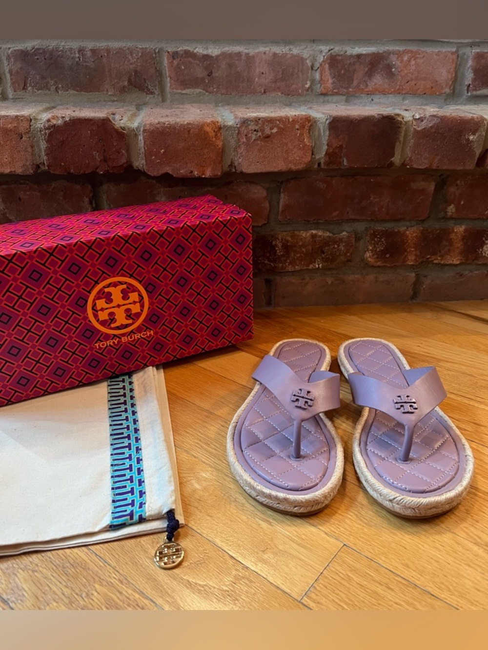 Tory Burch Lavender Purple Quilted Leather Espadrille Thong Sandals